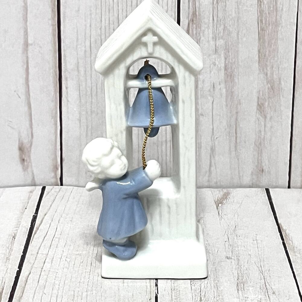 Vintage Porcelain ENESCO Figurine- Angel Boy Ringing a Bell - Blue and White